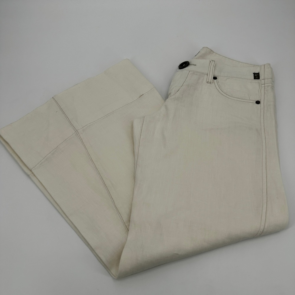 Fei Anthropologie Cream Linen Super Wide Leg Flare Pants Size 28 Coastal Grandma